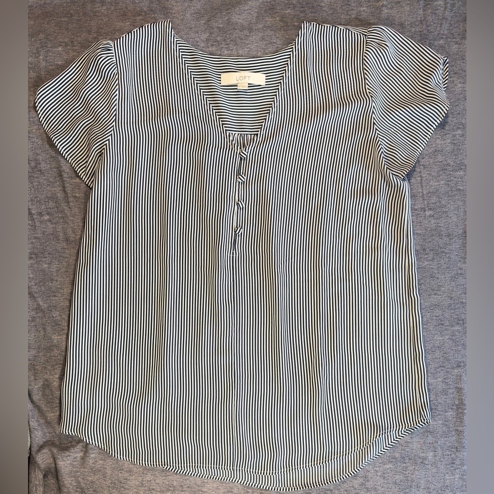 LOFT Black and White Striped Tulip Sleeve Blouse